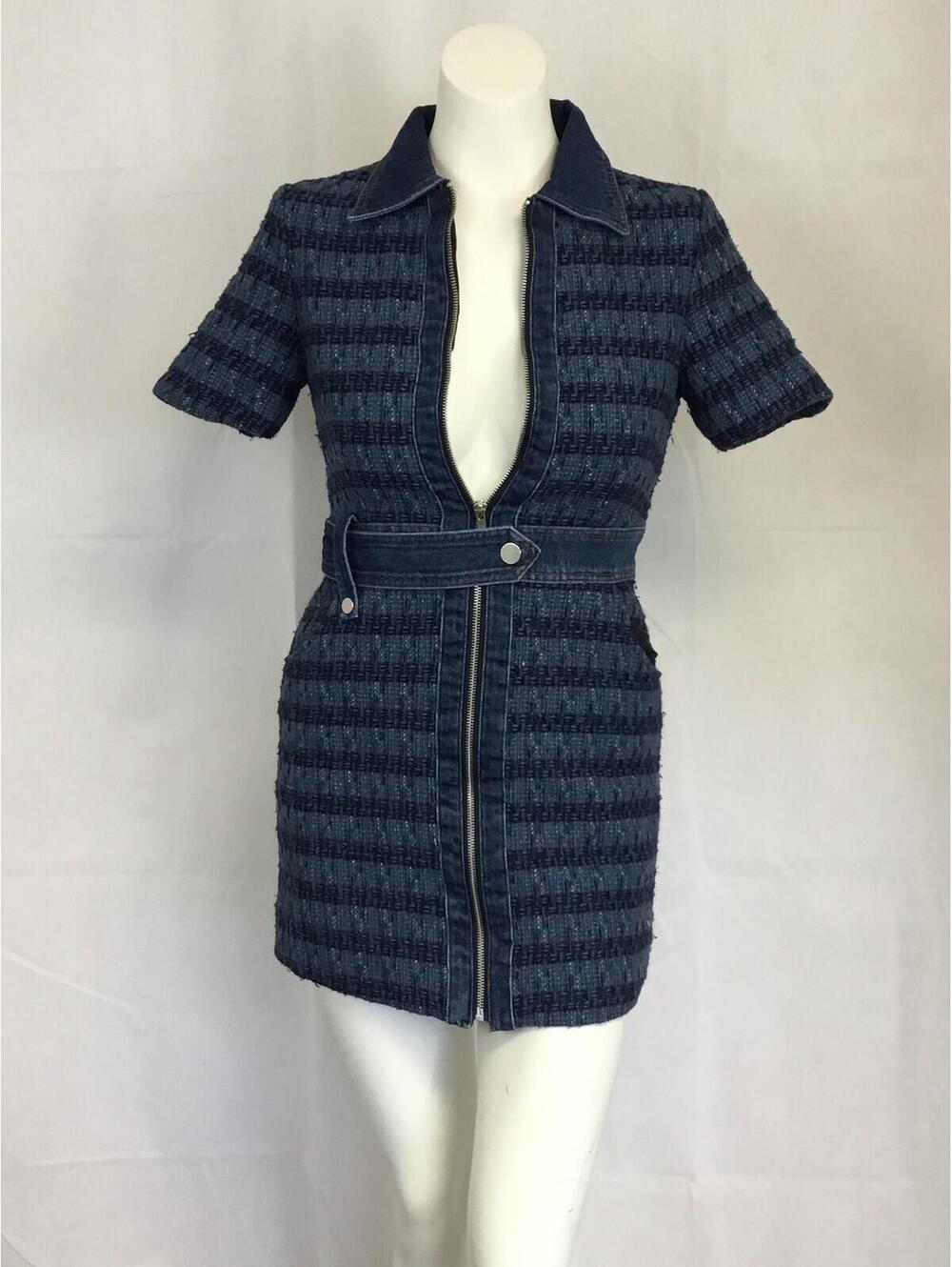 [357] Jason Wu Dress Womens S Blue Tweed Zip Front Collared Belted Short Mini